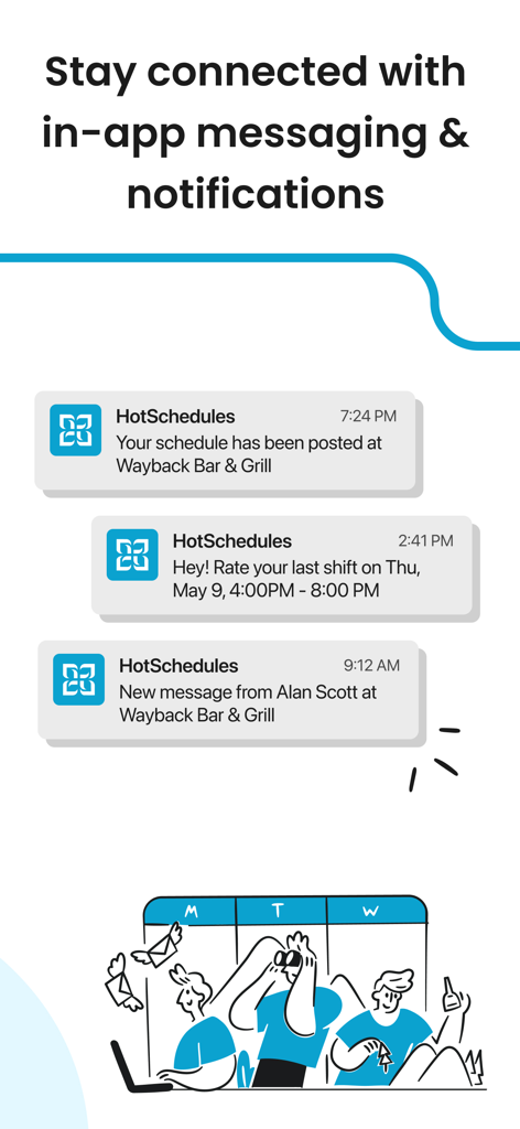 HotSchedules app screen showing shift updates and in-app messaging notifications