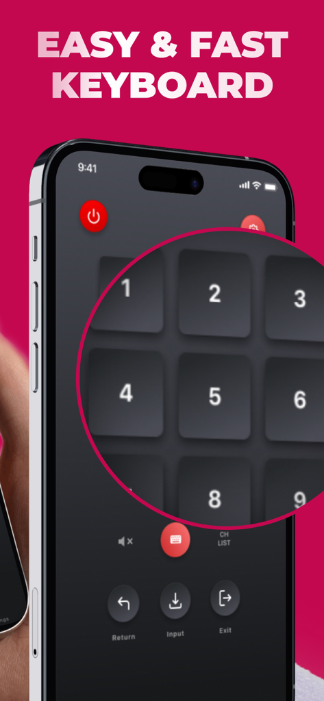 Remote Control for LG TV + - La aplicación Control remoto para TV LG muestra un teclado numérico rápido en la pantalla de un iPhone.