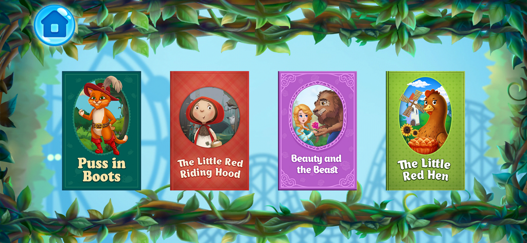 Selection of interactive fairy tale storybooks including Puss in Boots and Little Red Riding Hood in a kids learning app.
