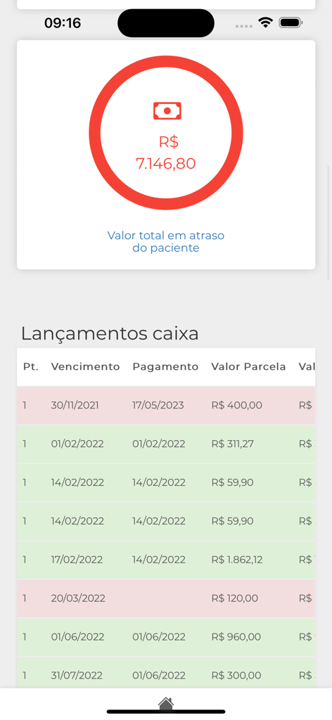 Clínica Ágil para pacientes - Panel financiero de la aplicación Clínica Ágil que muestra el saldo pendiente y el historial detallado de transacciones de un paciente.