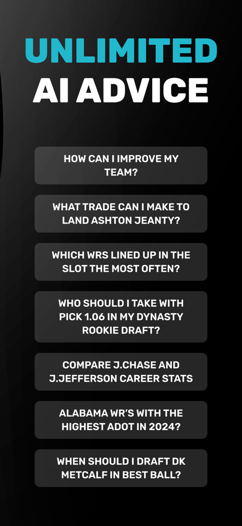 RotoBot - AI Sports Insights - Mobile App-Bildschirm, der unbegrenzte KI-Ratschläge für Sportanalysen, Spieler-Vergleiche und Fantasy-Draft-Strategien zeigt