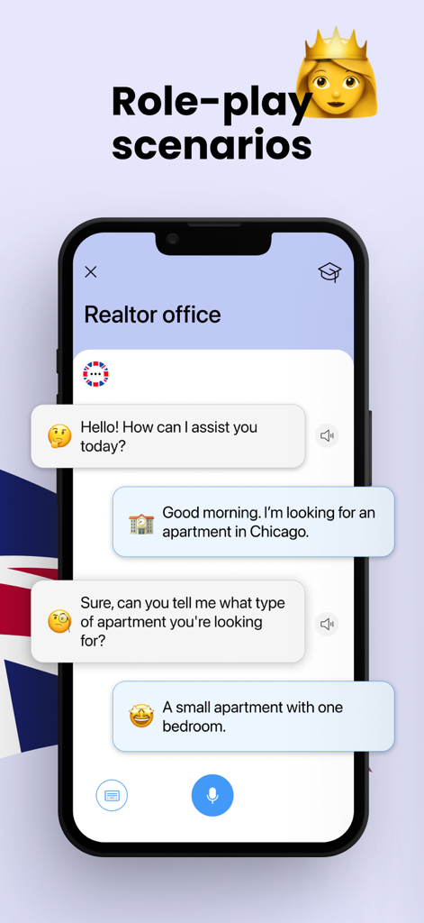 Learn English with AI - A chat interface showing a role-play scenario for renting an apartment in a realtor office