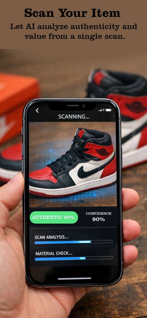 Legit Check AI - Smartphone-Bildschirm zeigt KI-Analyse eines Sneakers zur Echtheitsprüfung