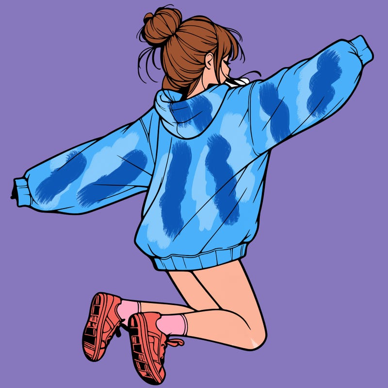 realistic girl jumping with a bun and oversized sweatshirt