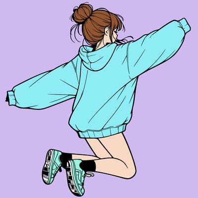 realistic girl jumping with a bun and oversized sweatshirt