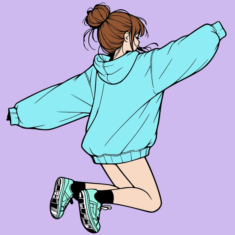 realistic girl jumping with a bun and oversized sweatshirt