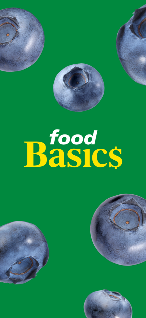 緑の背景にロゴとブルーベリーが描かれたFood Basicsアプリのスプラッシュ画面
