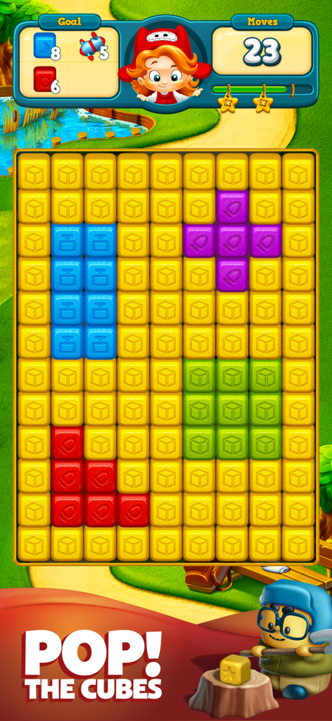 Toy Blastのパズルレベル。ポップするカラフルなブロックとキャラクターのエイミーが表示されている。