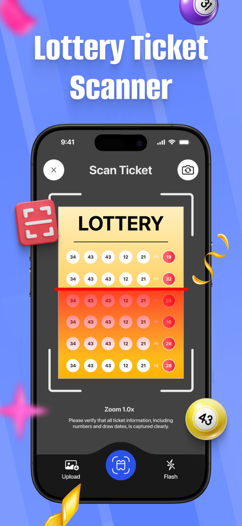 Interface do aplicativo móvel mostrando o recurso de digitalização de bilhetes para Powerball e Mega Millions