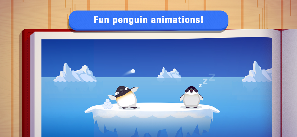 Busy Shapes & Colors - Two cute penguins on an iceberg within the Busy Shapes and Colors educational app