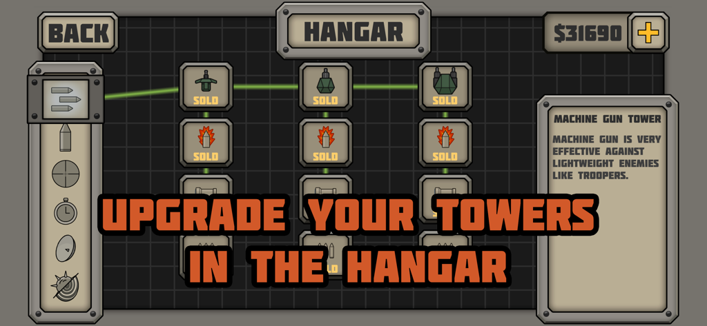 Screenshot of the hangar menu in Tactical War Tower Defense showing tower upgrade options and military tech tree.