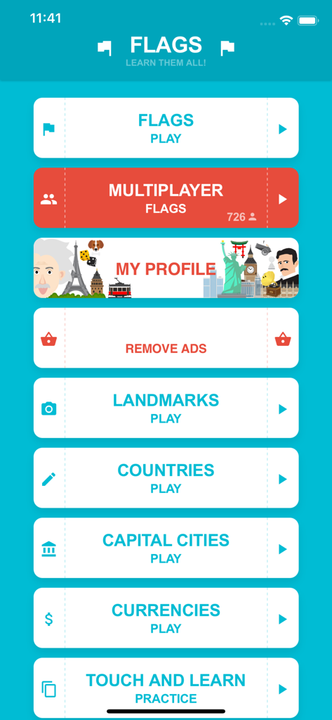 Main menu of Flags of the World Best Trivia app showing game modes like flags, multiplayer, and capital cities