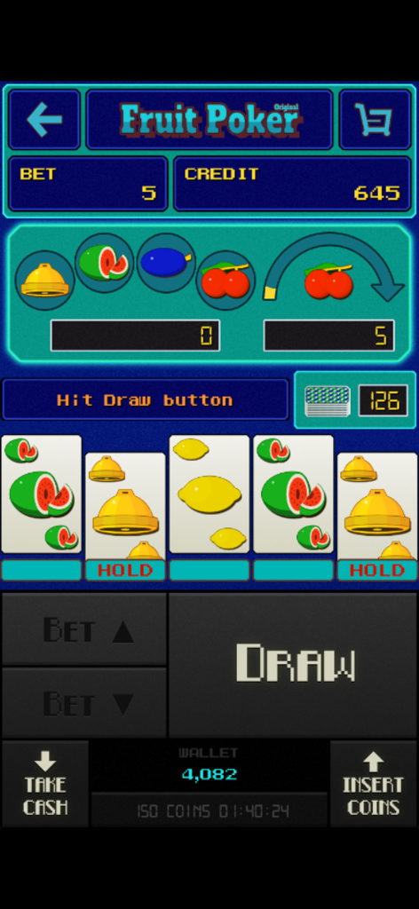 Retro video poker gameplay screen of Fruit Poker Original with fruit symbols and 90s style interface