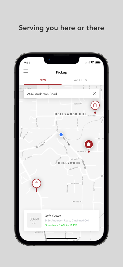 LaRosa’s Pizzeria - A map interface in the LaRosa's Pizzeria app showing local pickup locations and store hours in Cincinnati