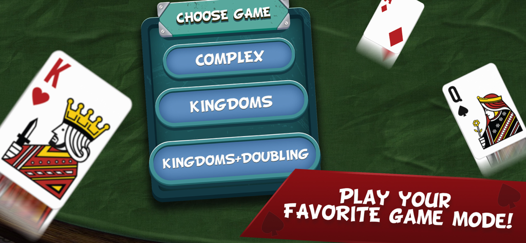 Trix:#1 Card Game Middle East - Trixカードゲームのメインメニュー。ComplexとKingdomsのゲームモードのオプションが表示されています