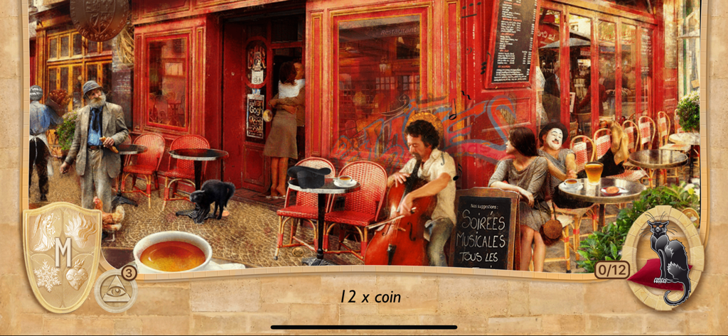 A vibrant Parisian street cafe scene in a hidden object game featuring a cellist and a mime.