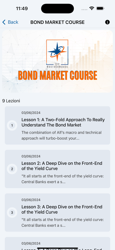 The Macro Compass - The Macro Compass mobile app interface showing the Bond Market Course with a list of financial lessons