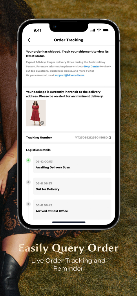 BloomChic | A Re-Imagining - BloomChic mobile app screen showing live order tracking and shipment status updates