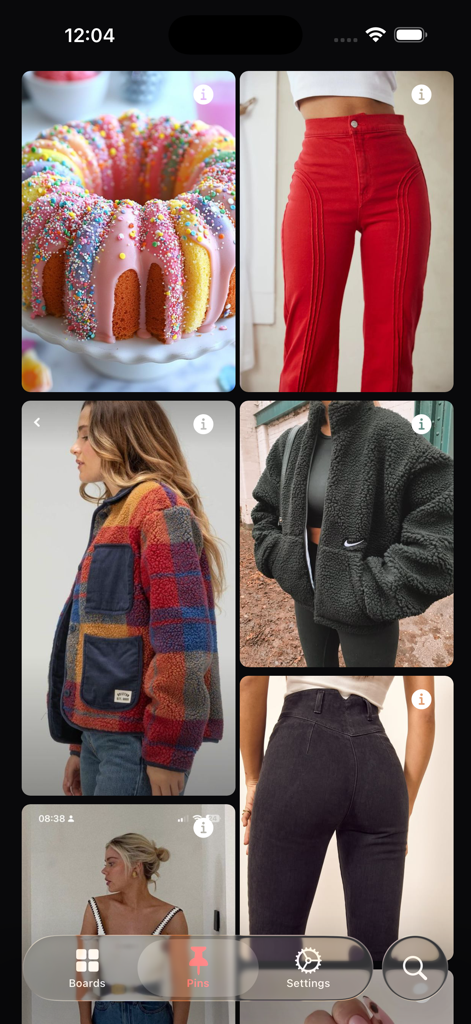 Pinx for Pinterest - A dark mode grid view of curated fashion and food pins in the Pinx for Pinterest app interface