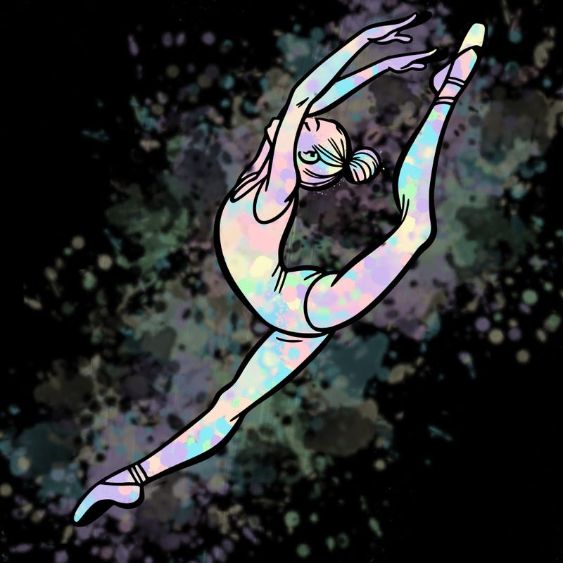 gymnast doing a leap in a leotard with a bent back leg