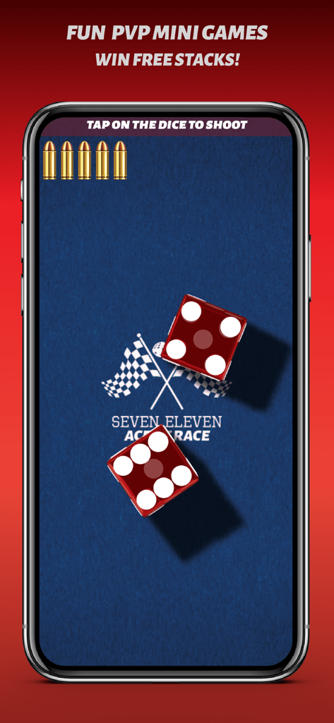 Phone Dice - Capture d'écran de gameplay de Phone Dice présentant le mini-jeu Seven Eleven Ace Race avec des dés rouges et des icônes de balles sur un fond de feutre bleu