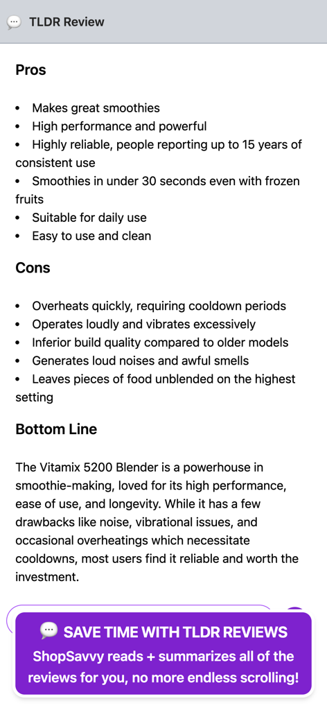 ShopSavvy app screen showing a TLDR review summary with pros cons and bottom line for a product