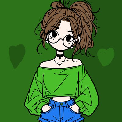 girl with a messy ponytail glasses a baggy crop top and jean shorts