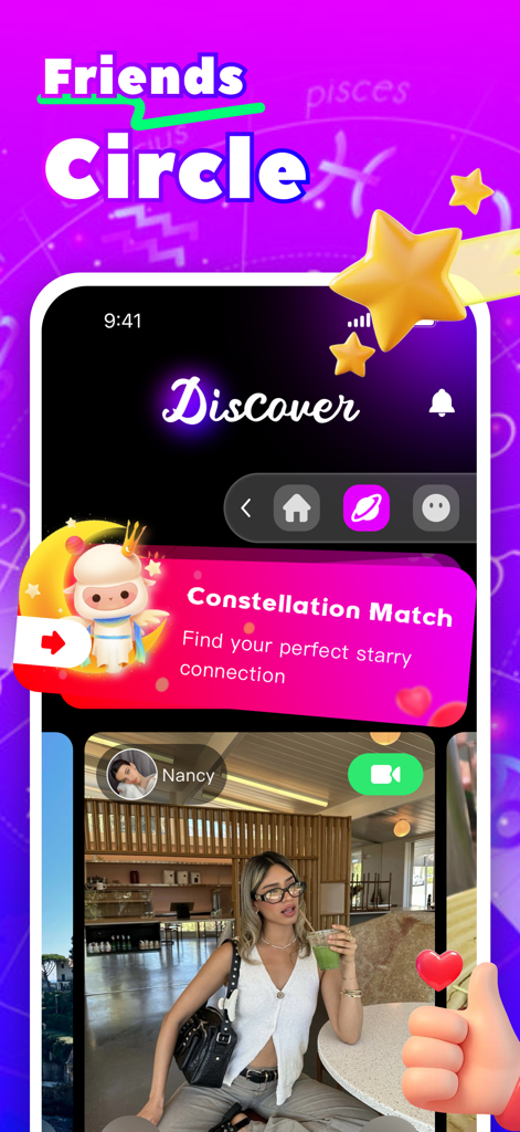 The Discover interface of the Studa app featuring a Constellation Match banner and a user profile for video chatting