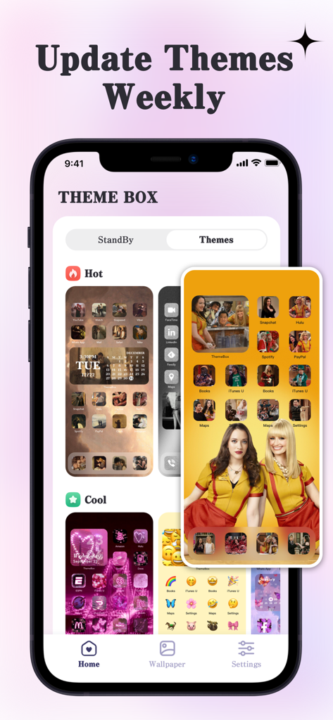 ThemeBox -Widgets,Themes,Icons - ThemeBox app interface displaying weekly updated iPhone themes with custom icons and widgets.