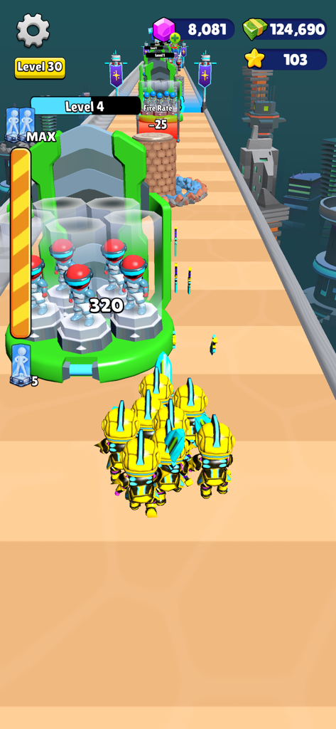 Mob Era: Age Evolution - Gameplay of Mob Era Age Evolution showing a crowd of futuristic soldiers on a city track