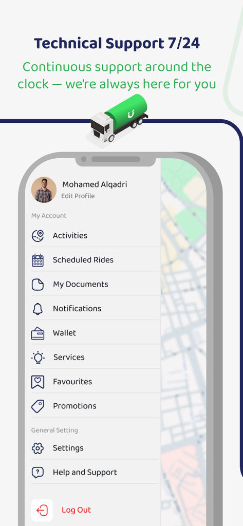 Moeen app user profile menu and 24/7 technical support screen