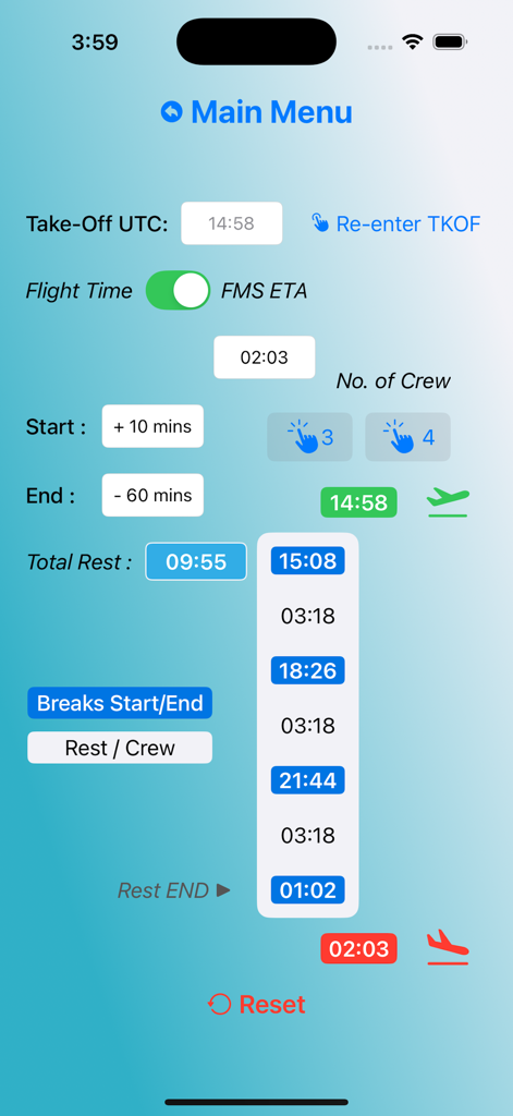 Interface of the FDPme app showing the crew rest splitting calculator with break times for flight crew members