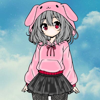 pretty anime girl wearing a fluffy hoodie with bunny ears on the hood and a skirt