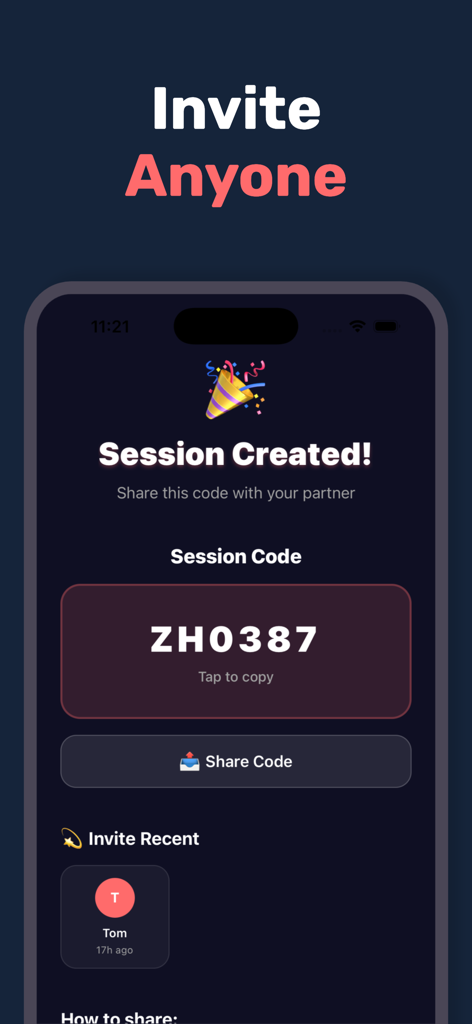 Food Swipe - Find Restaurants - Food Swipe app screen showing a generated session code to invite friends to join a restaurant selection session