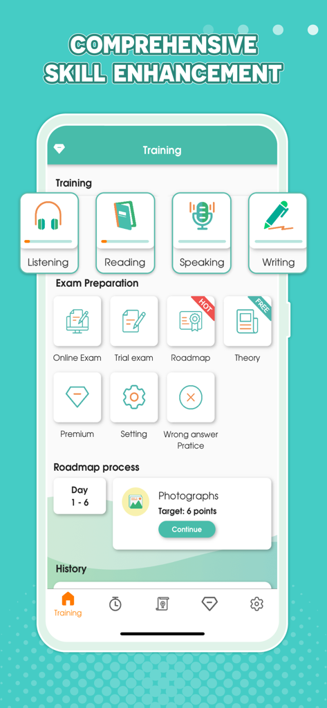 Un panel de la aplicación Migii Prep que muestra módulos completos de entrenamiento de habilidades TOEIC para escuchar, leer, hablar y escribir