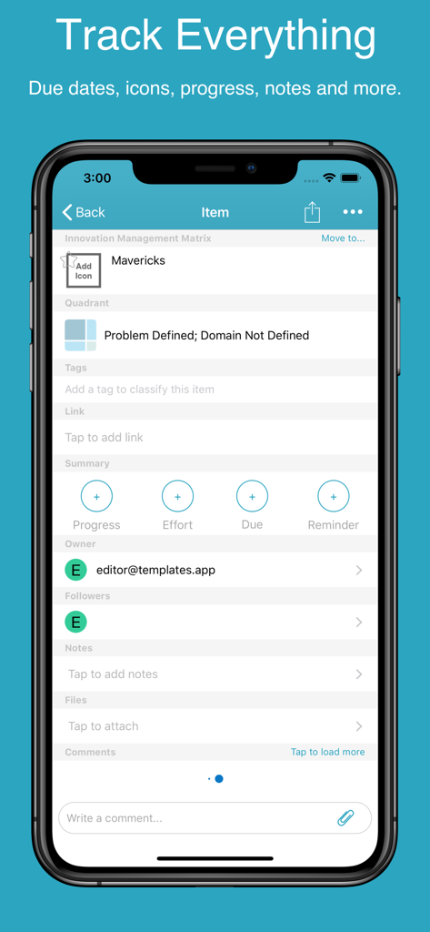 プライオリティ・マトリックスアプリのインターフェース（iPhone）に、進捗状況、作業量、締め切りなどのタスク詳細が表示されています。