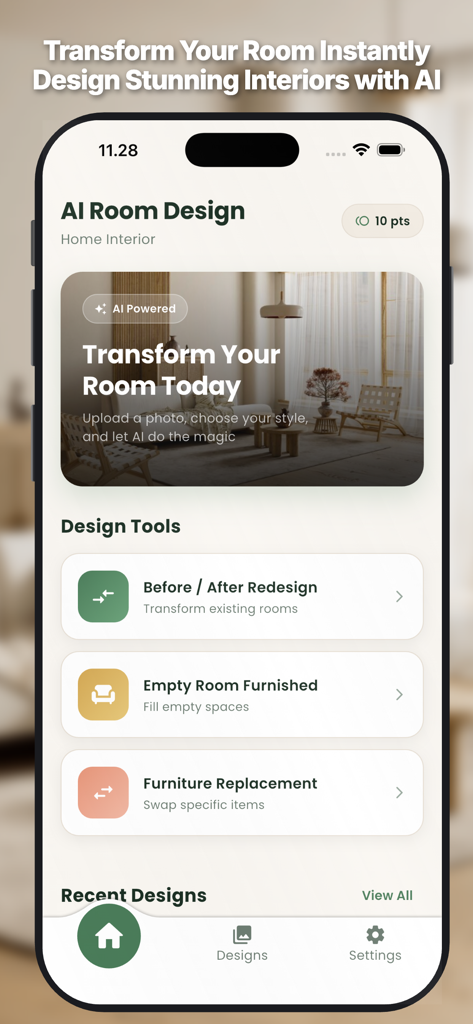 AI Room Design : Home Interior - AI Room Design app home screen with interior design tools for room transformation and virtual staging