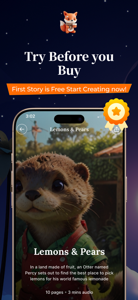 StoryStax - Kids Story Creator - StoryStax app screen showing a free first story offer and a preview of a children story about an otter named Percy