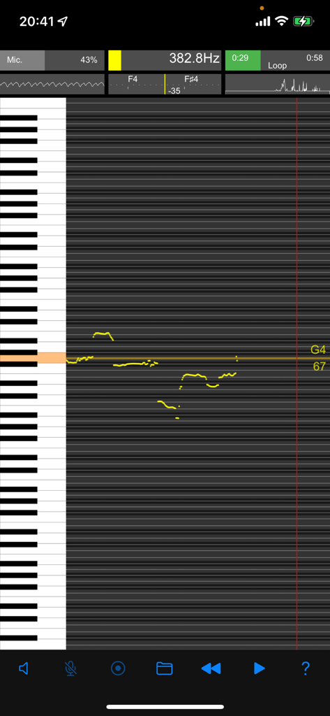Vocal Analyzer Z - A real-time pitch roll graph in the Vocal Analyzer Z app showing vocal frequency analysis on a vertical piano keyboard interface
