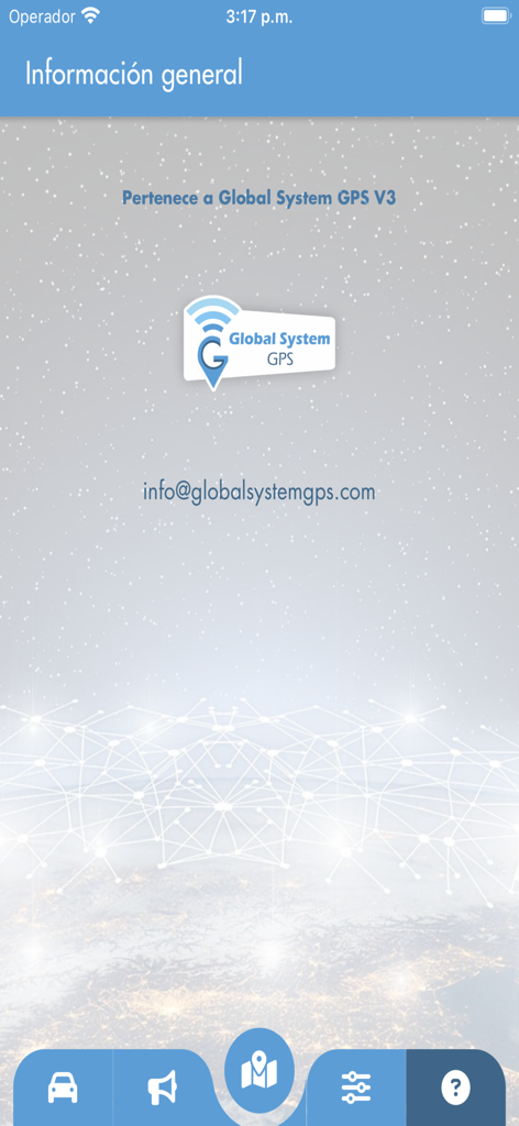 Global System Gps v3 - General information screen of Global System GPS v3 app showing the company logo and contact email.