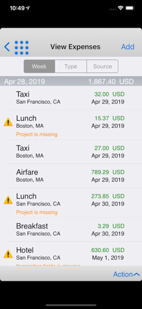 Oracle Fusion Expenses - A list of business expenses with policy warnings in the Oracle Fusion Expenses app.