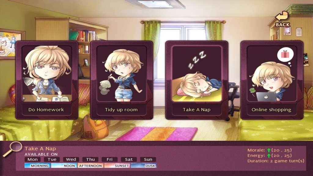 Nicole - Activity selection menu in Nicole game featuring chibi style character options for homework and napping