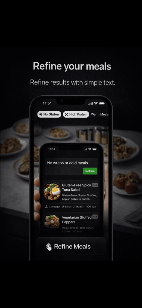 MealSnap: Fridge to Meals - Interfaz de la aplicación para refinar los resultados de comidas con IA utilizando filtros de texto sencillos como sin gluten y alto en proteínas.