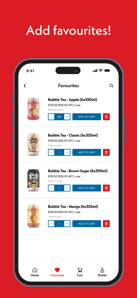 The favourites page of the Gourmet Foods app showing bubble tea products with wholesale pricing and stock levels