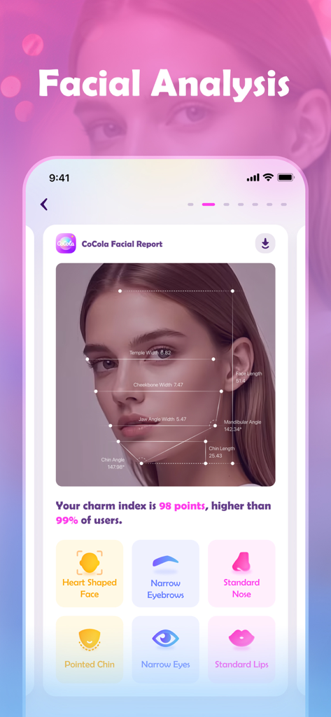 CoCola: AI generation tools - CoCola app facial analysis screen showing face shape and feature identification.