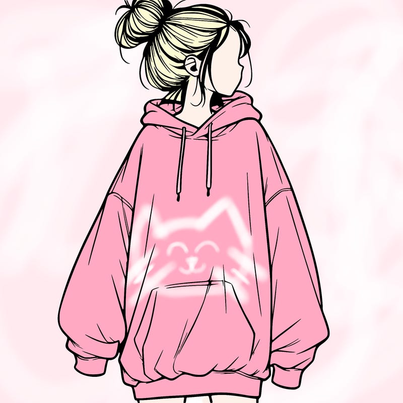 realistic girl with a oversized sweatshirt on and a bun
