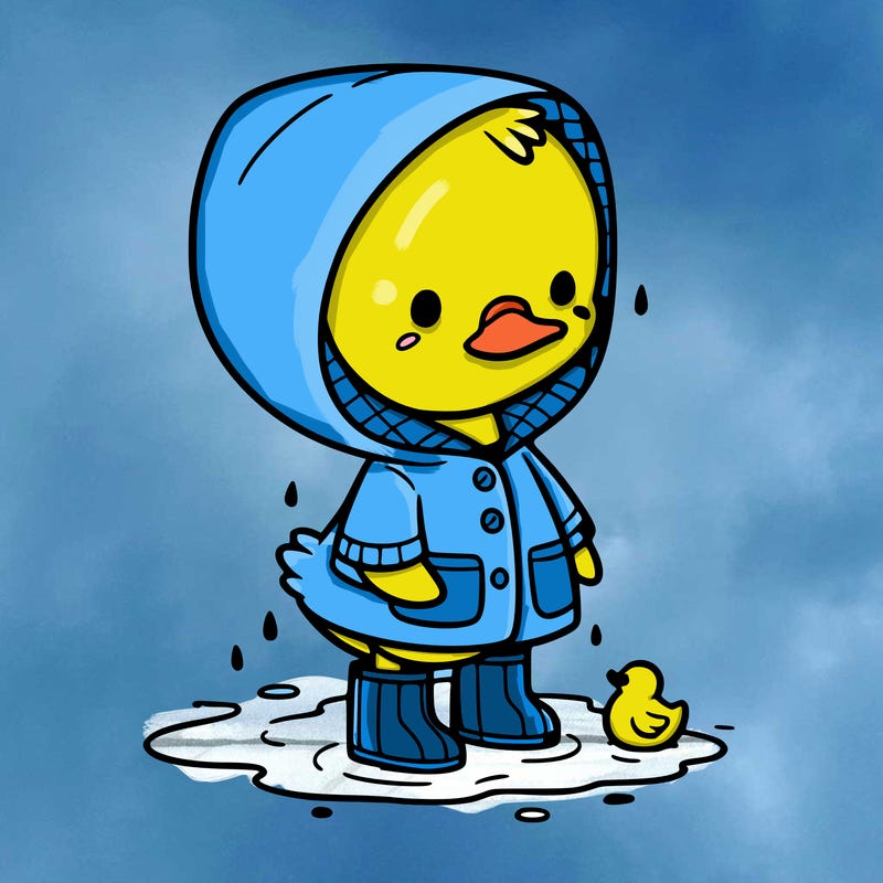 baby duck in a rain coat and boots, in a puddle while it’s raining
