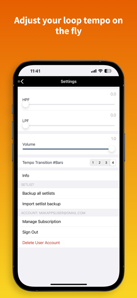 Settings screen of Groovy Loopz Pro app showing audio filters, volume control, and setlist management options.