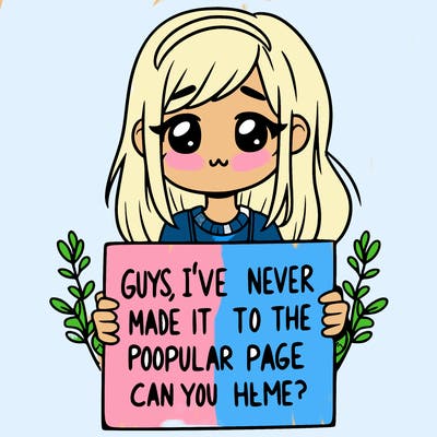 a girl holding up a sign that says, guys, i’ve never made it to the popular page, can you help me?