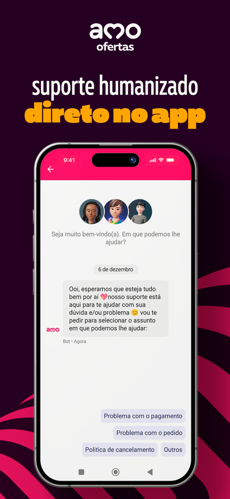 amo ofertas - The in-app customer support chat interface of the amo ofertas food deal app.